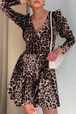 Elegant Leopard Print Patchwork V Neck A Line Dresses