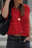 Casual Daily Solid Color Pocket Buttons Weave O Neck Tops