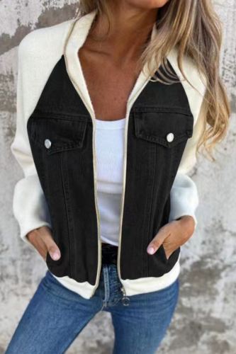 Casual Solid Color Patchwork Zipper Contrast Turndown Collar Outerwear