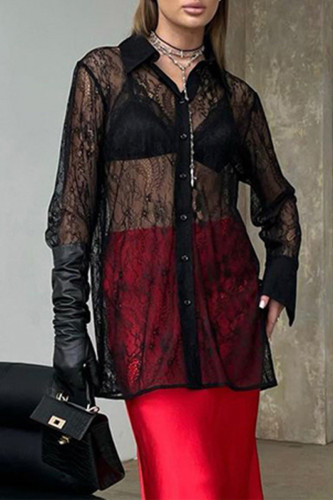Sexy Solid Color Lace Buttons See-Through Turndown Collar Tops