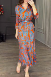 Celebrities Elegant Gradient Print With Belt Contrast Turndown Collar Nine Points Sleeve Two Pieces
