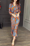 Celebrities Elegant Gradient Print With Belt Contrast Turndown Collar Nine Points Sleeve Two Pieces