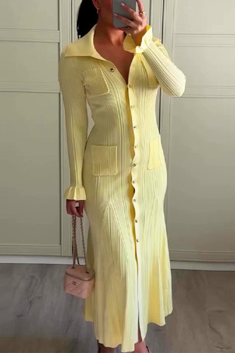 Daily Elegant Solid Color Buckle Ruffle Turndown Collar A Line Dresses
