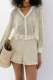 Casual Vacation Solid Color Hollow Out Buckle See-Through V Neck Long Sleeve Two Pieces
