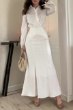 Elegant Solid Color Lace Up Buttons Turndown Collar Long Sleeve Two Pieces
