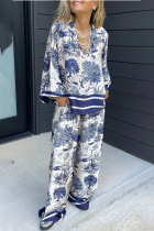 Casual Street Floral Print Distressed Draw String Pocket V Neck Long Sleeve Two Pieces