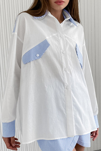 Casual Daily Striped Print Buttons Patchwork Turndown Collar Tops