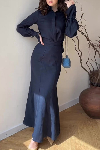 Elegant Solid Color Lace Up Buttons Turndown Collar Long Sleeve Two Pieces