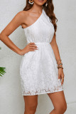 Sexy Solid Color Lace Irregular Sloping Shoulder Irregular Dresses