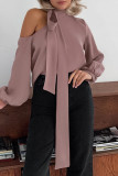 Elegant Solid Color Hollow Out Lace Up Irregular Tie Neck Tops