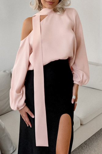 Elegant Solid Color Hollow Out Lace Up Irregular Tie Neck Tops