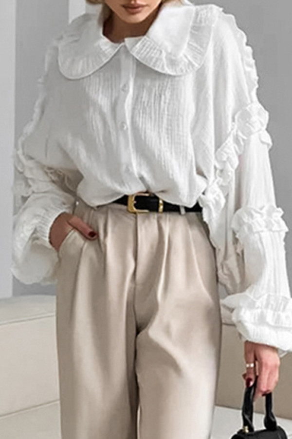 Casual Daily Solid Color Ruffle Peter Pan Collar Tops