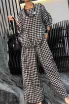 Casual Street Plaid Draw String Pocket Lace Up O Neck Short Sleeve Two Pieces