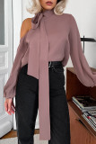 Elegant Solid Color Hollow Out Lace Up Irregular Tie Neck Tops