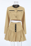 Casual Street Solid Color Buttons Patchwork Contrast O Neck Long Sleeve Two Pieces