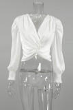 Elegant Solid Color Ruched V Neck Tops