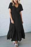 Elegant Solid Color Ruffle V Neck A Line Short Sleeve Dress