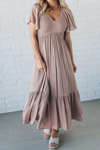 Elegant Solid Color Ruffle V Neck A Line Short Sleeve Dress