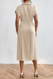 Daily Elegant Solid Color Buttons Ruched Irregular V Neck Waist Skirt Short Sleeve Dress