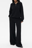 Casual Daily Solid Color Pocket Zipper Turndown Collar Long Sleeve Two Pieces