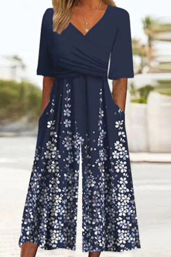 Casual Floral Print Pocket V Neck Loose Jumpsuits