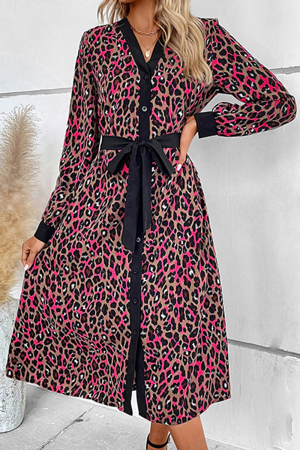 Elegant Leopard Print Lace Up Patchwork Contrast V Neck A Line Dresses