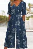 Casual Floral Print Pocket V Neck Loose Jumpsuits