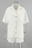 Casual Daily Solid Color Plaid Pocket Buckle Turndown Collar Short Sleeve Two Pieces