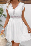 Sexy Solid Color Lace Hollow Out V Neck Waist Skirt Dresses