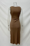 Casual Solid Color Hollow Out U Neck Wrapped Skirt Dresses