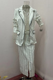 Elegant Striped Print Buttons Slit Turn-back Collar Long Sleeve Two Pieces