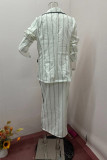 Elegant Striped Print Buttons Slit Turn-back Collar Long Sleeve Two Pieces
