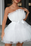 Sexy Prom Solid Color Mesh Bow Decor Strapless Evening Dresses