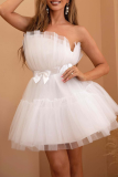 Sexy Prom Solid Color Mesh Bow Decor Strapless Evening Dresses
