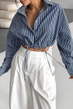 Casual Daily Striped Print Draw String Buttons Turndown Collar Tops