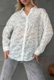 Daily Elegant Solid Color Jacquard See-Through Turndown Collar Tops