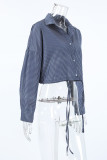 Casual Daily Striped Print Draw String Buttons Turndown Collar Tops