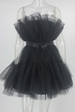 Sexy Prom Solid Color Mesh Bow Decor Strapless Evening Dresses