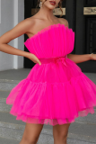 Sexy Prom Solid Color Mesh Bow Decor Strapless Evening Dresses