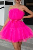 Sexy Prom Solid Color Mesh Bow Decor Strapless Evening Dresses