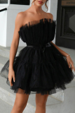 Sexy Prom Solid Color Mesh Bow Decor Strapless Evening Dresses