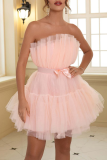 Sexy Prom Solid Color Mesh Bow Decor Strapless Evening Dresses
