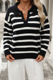 Casual Stripe Weave Contrast Turndown Collar Tops