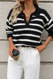 Casual Stripe Weave Contrast Turndown Collar Tops