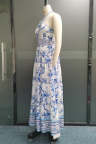 Vacation Elegant Floral Print Hollow Out Backless Halter Sleeveless Dresses