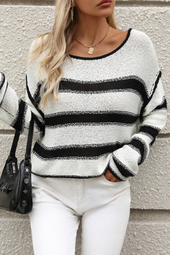 Casual Stripe Weave Contrast O Neck Tops