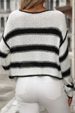 Casual Stripe Weave Contrast O Neck Tops