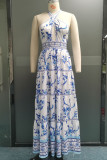Vacation Elegant Floral Print Hollow Out Backless Halter Sleeveless Dresses