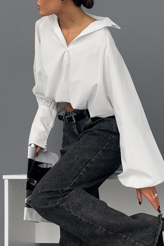 Casual Street Solid Color Buttons Irregular Turndown Collar Tops