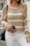 Casual Stripe Weave Contrast O Neck Tops